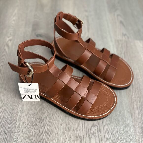 NWT ZARA LEATHER FISHERMAN SANDALS BROWN - Picture 4 of 7